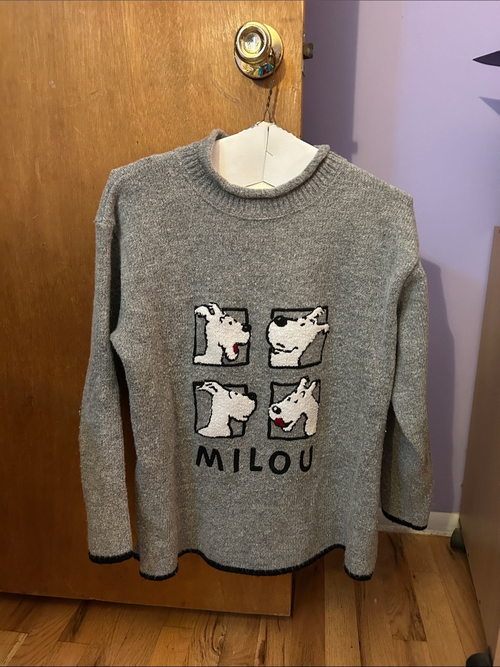 Gray Crewneck Sweater with Milou Dog Panels